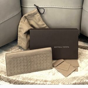 BOTTEGA VENETA TAUPE INTRECCIATO LEATHER FOLD OVER WALLET CARDS DUST BAG BOX